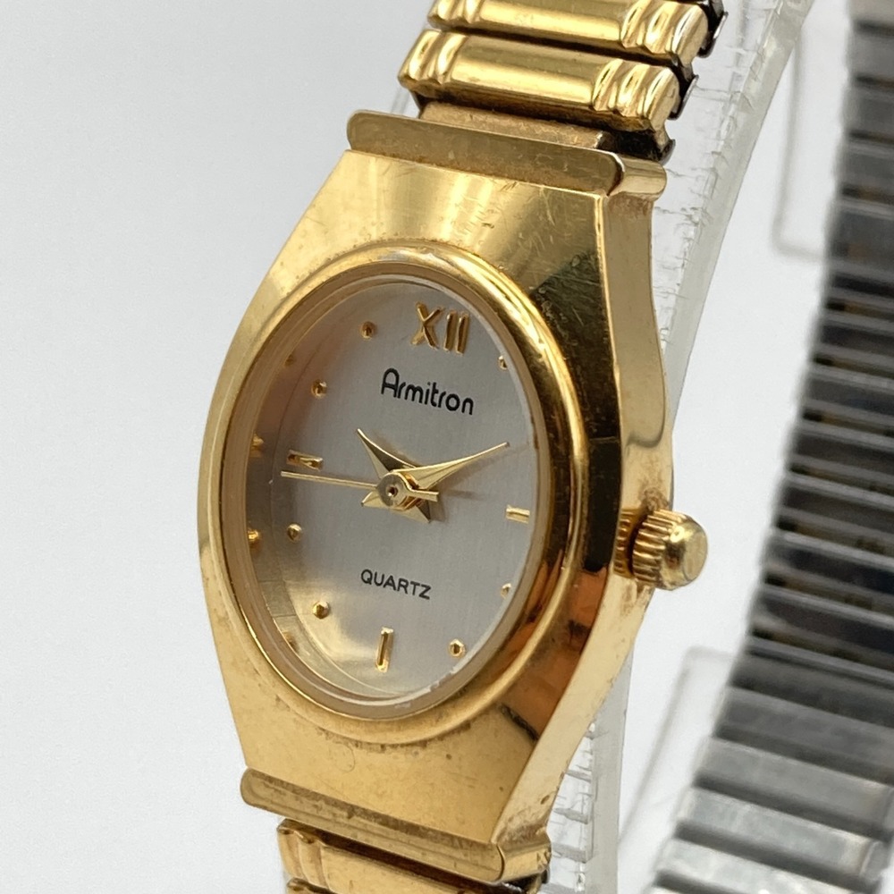 Vtg Armitron Womens Watch 18mm Gold Tone Oval Stretch Band New Battery SMALL 6"